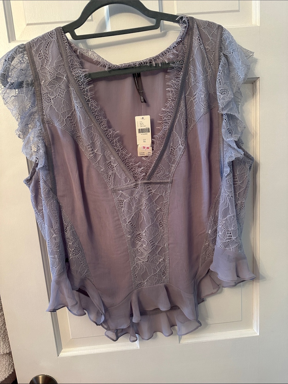 Anthropologie Lace-Panel Ruffle V-Neck Top in Dusty Lavender - Picture 6 of 6